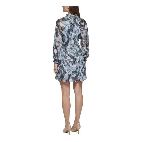 NWT High Neck Long Sleeve Midi Tie Dye Grey and Blue Dress Size 4 - Picture 2 of 8